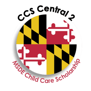 Circular emblem featuring the Maryland state flag design with text reading "MSDE Child Care Scholarship" surrounding it in red.
