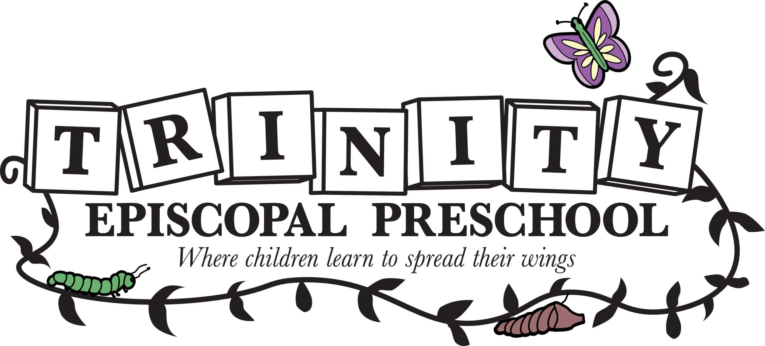 A preschool logo featuring building blocks spelling Trinity Episcopal Church, Where children learn to spread their wings, with a butterfly and caterpillar, emphasizes learning growth.