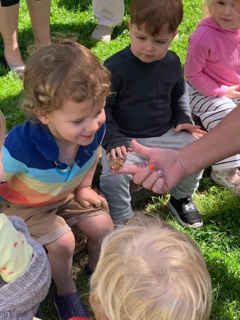 Young children participating in an outdoor activity at Trinity Episcopal Preschool, engaging with a caregiver or teacher on a sunny day.